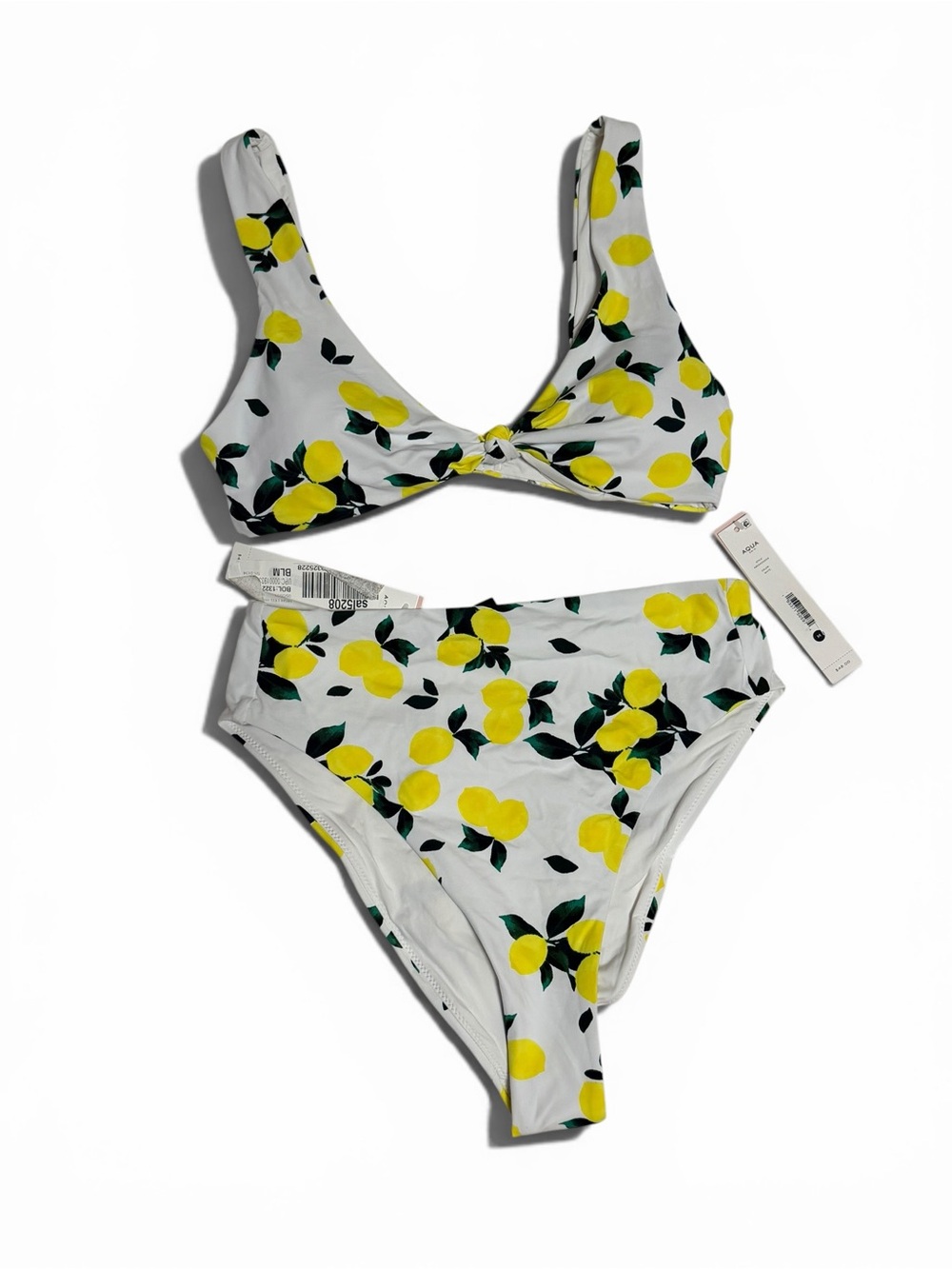 NWT AQUA Bloomingdale’s Lemon Print Bikini Set High Waisted Knot Top Medium